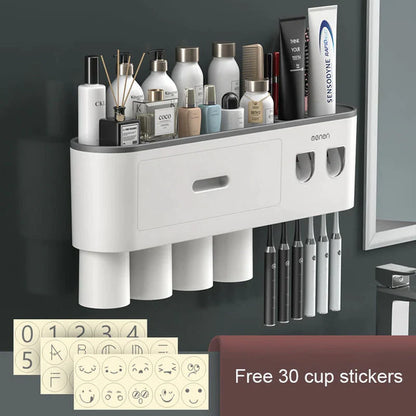 "Organize Your Bathroom with the Magnetic Adsorption Toothbrush Holder and Waterproof Storage Box - Includes Toothpaste Dispenser and Wall Mount - Perfect Bathroom Accessories for Easy and Stylish Storage!"