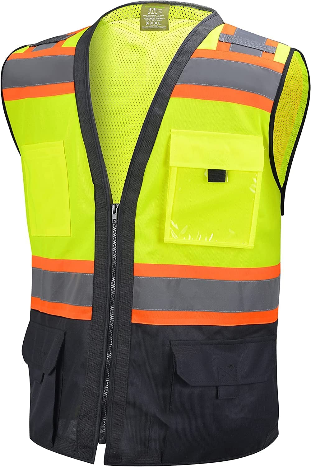 "Stay Visible and Safe with the  Surveyor Black/Lime Two Tone Safety Vest - ANSI/ISEA 107-2015 Certified with Photo ID Pocket!"