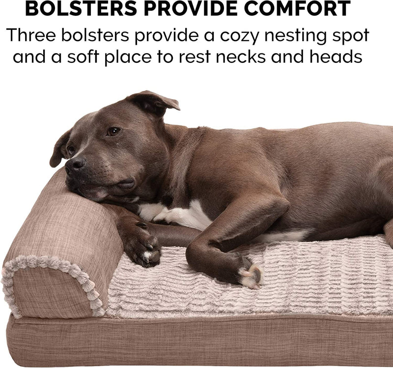 Professional Product Title: "Premium Orthopedic Dog Bed with Removable Bolsters and Washable Cover - Suitable for Large Dogs up to 95 lbs - Featuring Luxe Faux Fur and Performance Linen Sofa - Woodsmoke Color - Jumbo/XL Size"