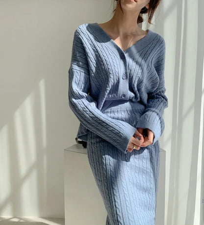 "Women's Two-Piece Knitted Dress Set: Elegant Autumn Winter Sweater Dress Suit with Long Sleeves and Button Detailing"