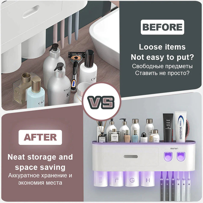 "Organize Your Bathroom with the Magnetic Adsorption Toothbrush Holder and Waterproof Storage Box - Includes Toothpaste Dispenser and Wall Mount - Perfect Bathroom Accessories for Easy and Stylish Storage!"