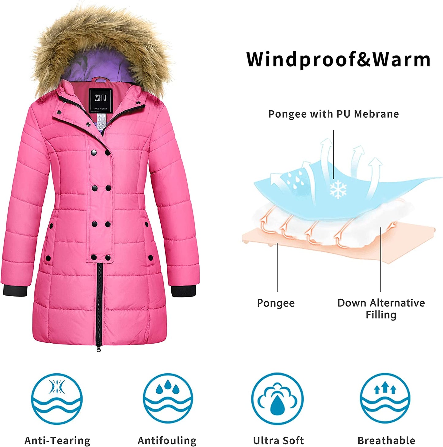 "Stay Cozy and Stylish with our Girls' Warm and Water Resistant Long Winter Coat Parka Puffer Jacket"