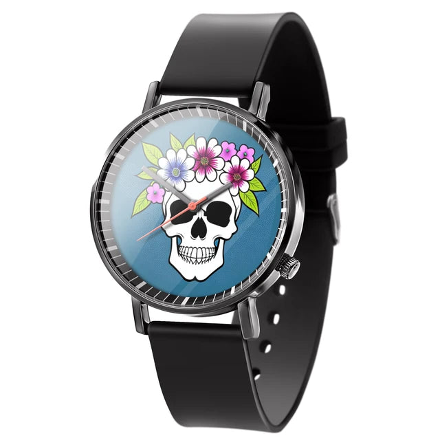 "Stylish Business Quartz Watch for Men - Trendy Black and White Floral Design with Skull Motif"
