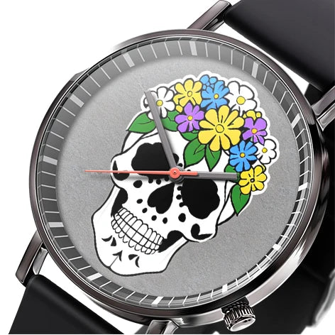 "Stylish Business Quartz Watch for Men - Trendy Black and White Floral Design with Skull Motif"