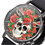 "Stylish Business Quartz Watch for Men - Trendy Black and White Floral Design with Skull Motif"