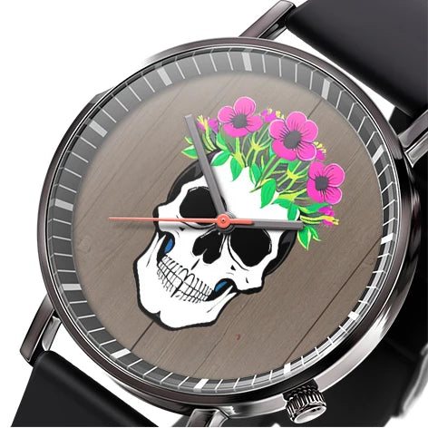 "Stylish Business Quartz Watch for Men - Trendy Black and White Floral Design with Skull Motif"