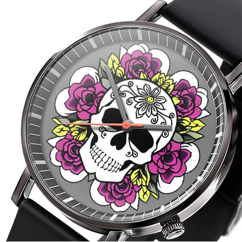 "Stylish Business Quartz Watch for Men - Trendy Black and White Floral Design with Skull Motif"