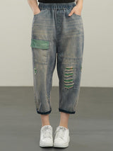 Vintage Hole star Embroidery Ankle-length Denim Jeans