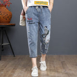 Vintage Hole star Embroidery Ankle-length Denim Jeans