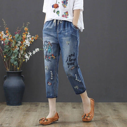 Vintage Hole star Embroidery Ankle-length Denim Jeans