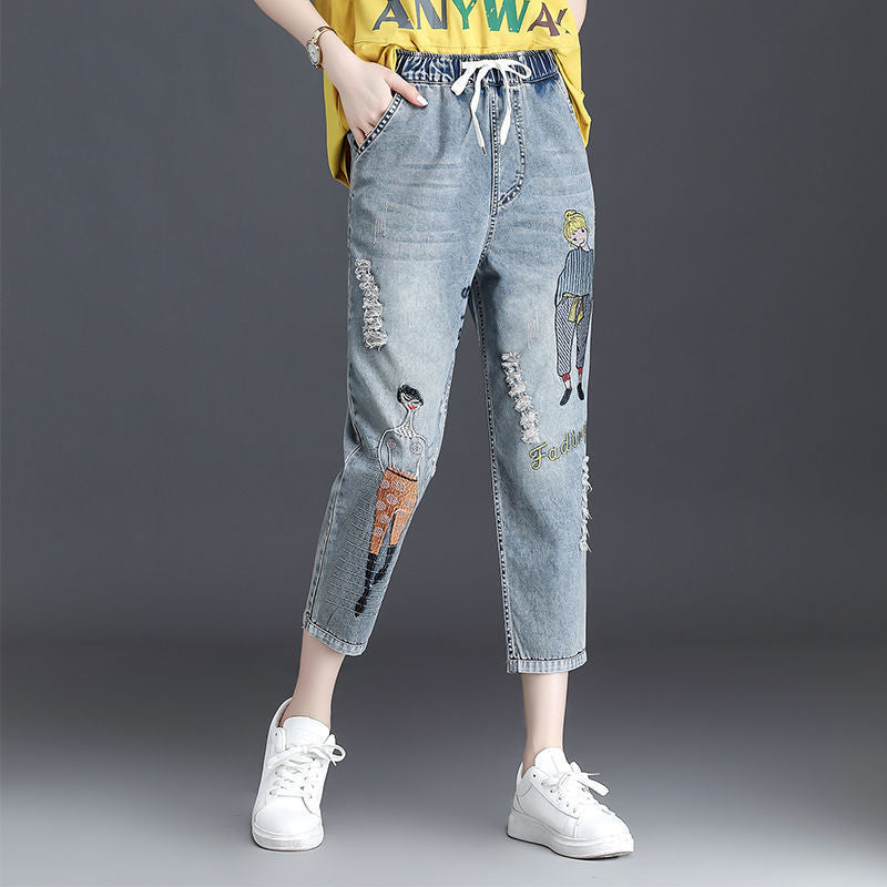 Vintage Hole star Embroidery Ankle-length Denim Jeans