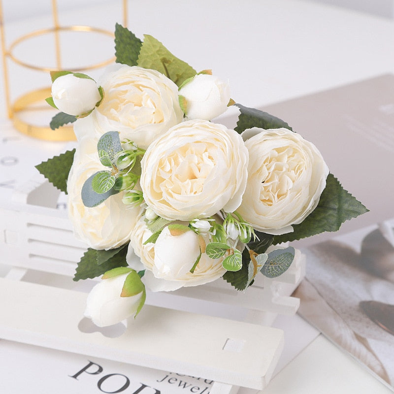 30cm Rose White Peony Artificial Flowers Bouquet