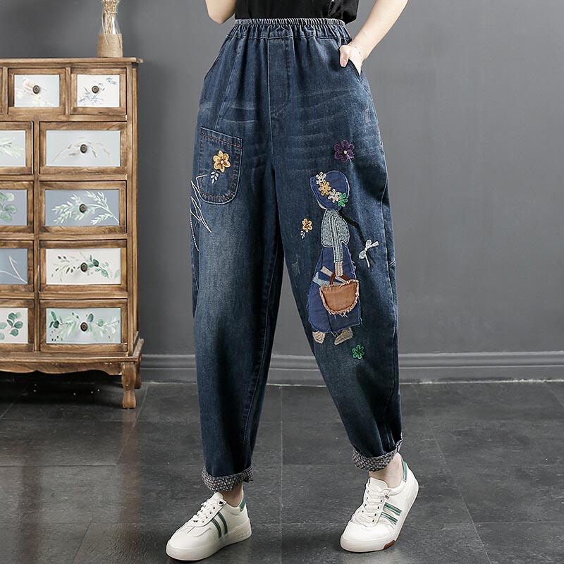 Vintage Hole star Embroidery Ankle-length Denim Jeans