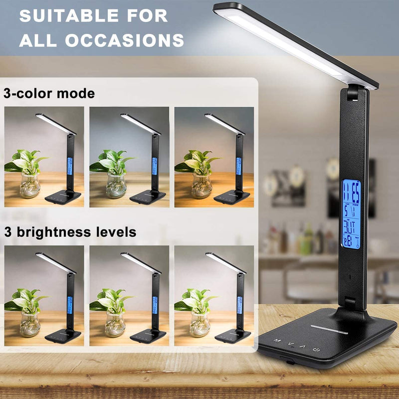 "Versatile LED Desk Lamp with Wireless Charging, Dimmable Light, USB Port, Clock, Calendar, and Thermometer - Ideal for Home and Office Use!"