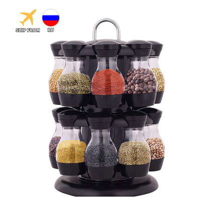 Professional rewrite: ```Kitchen Spice and Seasoning Jar Set with Rotating Holder for Condiments, Salt, Pepper, and Sprays - Organized Storage Rack```