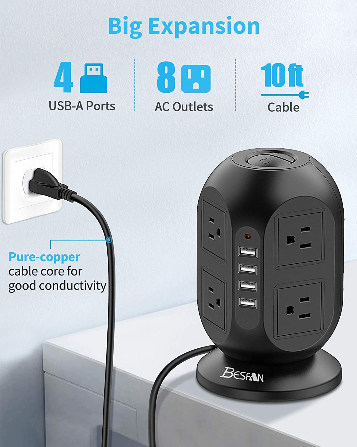 "Premium Tower Power Strip Surge Protector with Extended Cord – Safely and Efficiently Charge All Your Devices!"