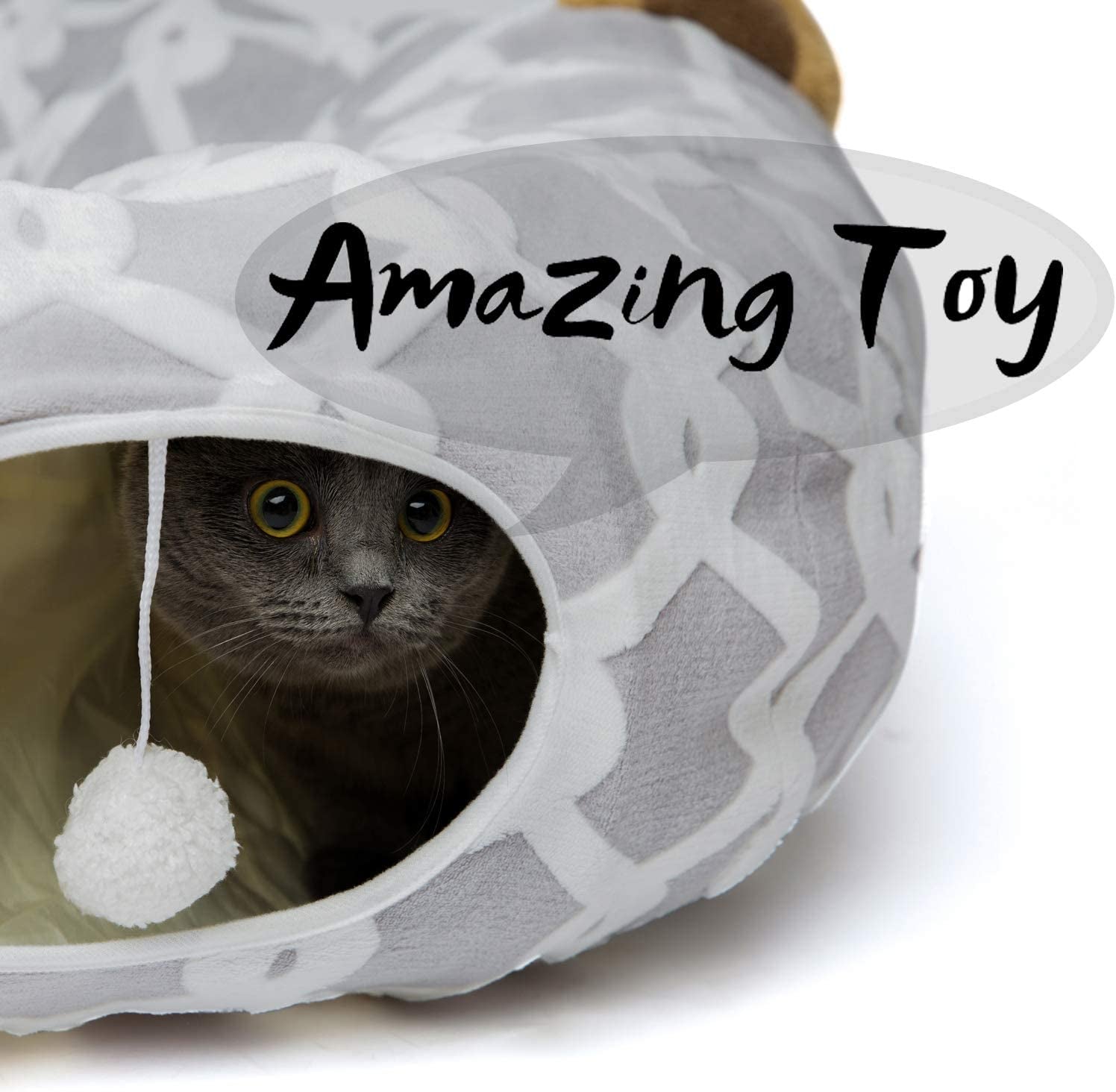 Professional Product Title: "Premium Cat Tunnel Bed with Plush Cover, Interactive Toy Balls, Comfortable Cushion, and Flexible Design - 10 Inch Diameter, 3 Ft Length - Ideal for Cats and Small Dogs, Gray Geometric Pattern"