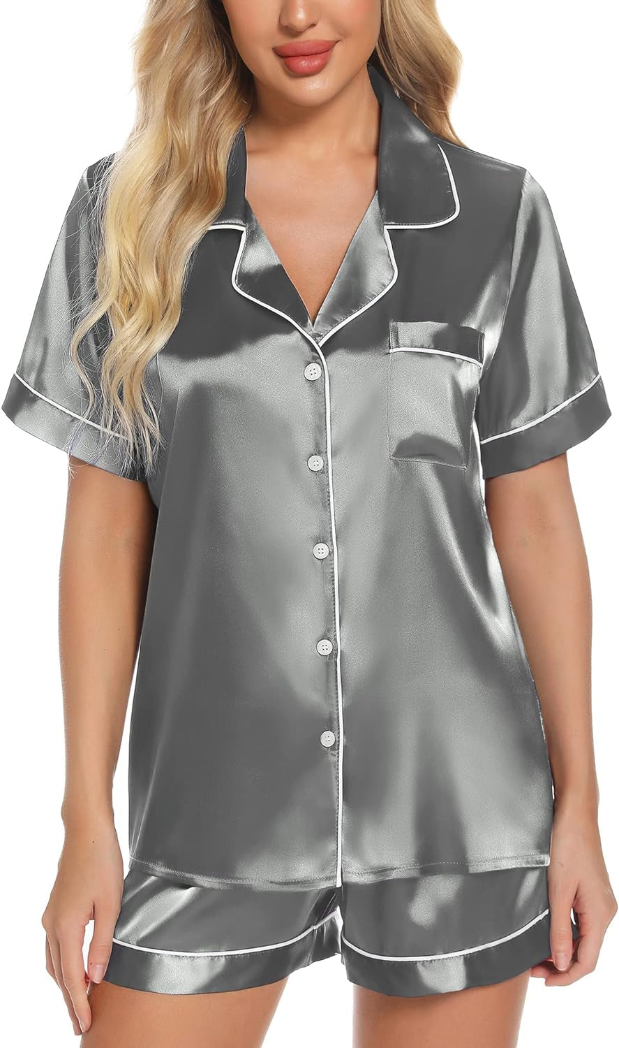 Women's Silk Satin Pajama Set with Short Sleeves, Button Down, and Pockets - S-XXL