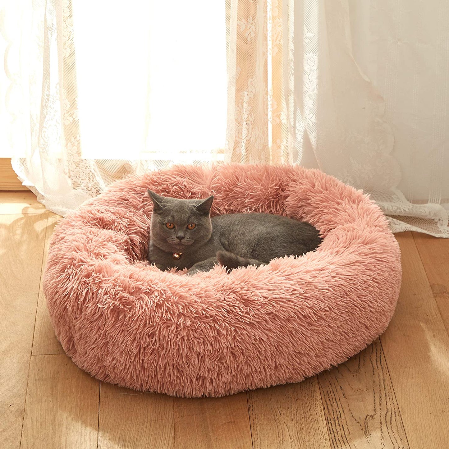 Cozy Pink Fuzzy Donut Bed for Dogs & Cats - Snuggly Winter Cushion for a Perfect Nap