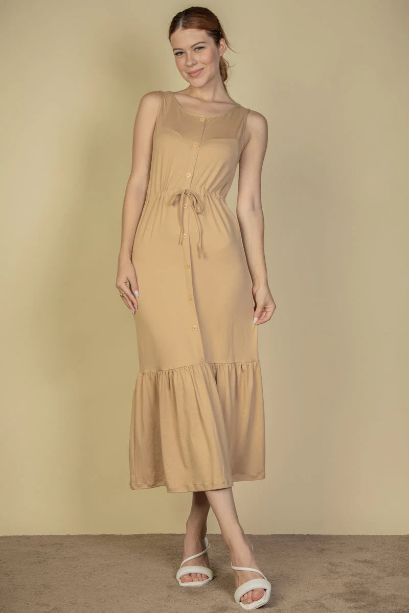"Capella Maxi Dress: Sleeveless Chic with Button Front and Waist Tie"