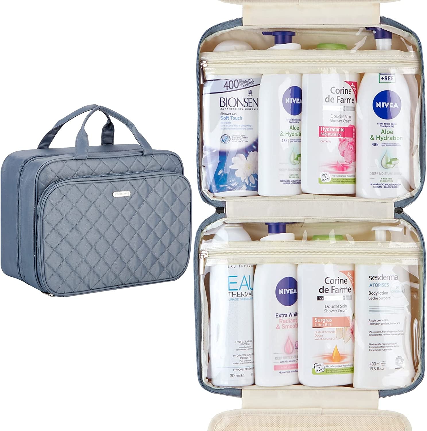 "Premium Travel Toiletry Organizer: Spacious Hanging Toiletry Bag for Women with Dedicated Beauty Essentials Compartment - Ideal for Accommodating Full-Sized Bottles and Cosmetics (Grey)"