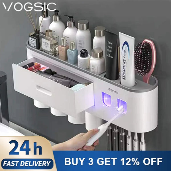 "Organize Your Bathroom with the Magnetic Adsorption Toothbrush Holder and Waterproof Storage Box - Includes Toothpaste Dispenser and Wall Mount - Perfect Bathroom Accessories for Easy and Stylish Storage!"