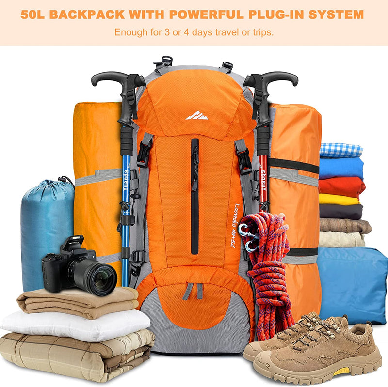 "Premium All-Weather Hiking Backpack - Loowoko 50L: Stay Dry and Equipped with the Waterproof Camping Essentials Bag, Complete with Rain Cover. Enjoy Unparalleled Comfort and Convenience with this Lightweight 45+5 Liter Backpacking Backpack!"