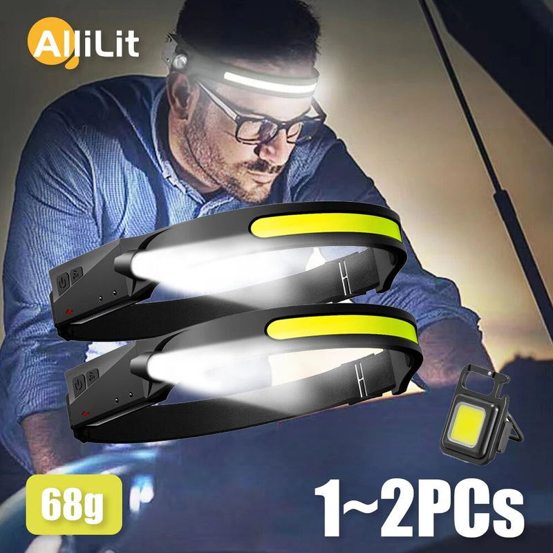 1~2Pcs Work Light Sensor COB LED Headlamp Camping Headlight Outdoor Flashlight USB Rechargeable Head Lamp Torch 5 Mode