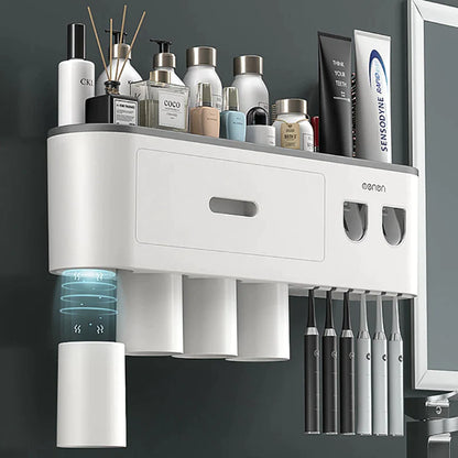 "Organize Your Bathroom with the Magnetic Adsorption Toothbrush Holder and Waterproof Storage Box - Includes Toothpaste Dispenser and Wall Mount - Perfect Bathroom Accessories for Easy and Stylish Storage!"