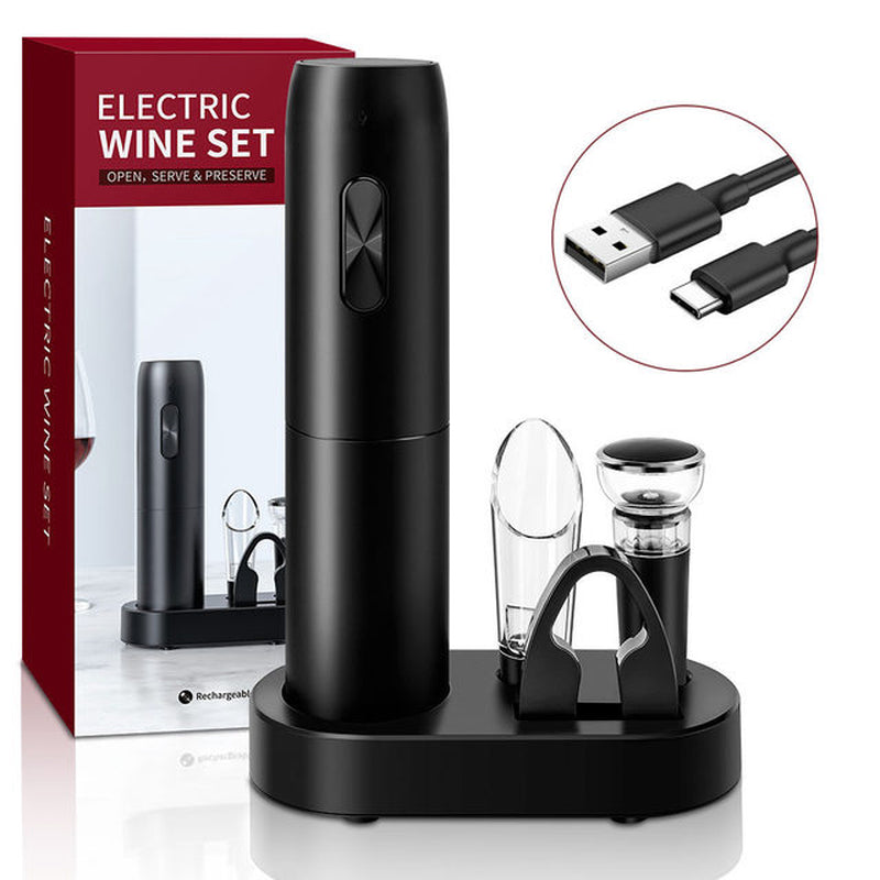 "The Indomitable Grape Gladiator: Electric Wine Opener Set, Ready to Harness the Corkscrewing Power of the Gods! Complete with Charging Base, Aerator Pourer, and an Epic Foil Cutter - Perfect for Raising the Roof at Kitchen Bar Parties!"
