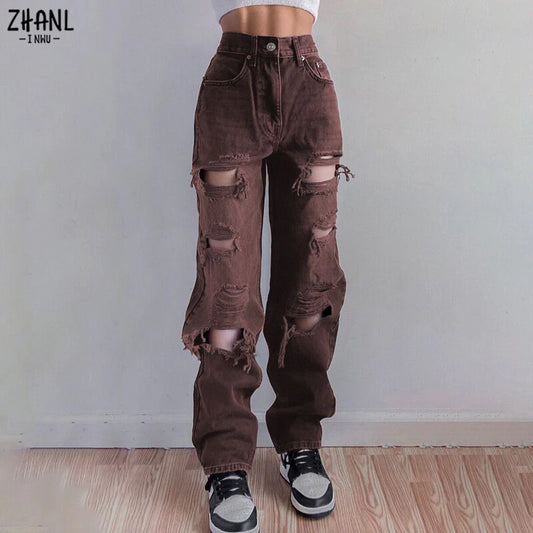 "Stylish Vintage Distressed Jeans - Trendy Ripped High Waist Denim for Fashionable Ladies"