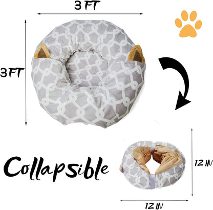 Professional Product Title: "Premium Cat Tunnel Bed with Plush Cover, Interactive Toy Balls, Comfortable Cushion, and Flexible Design - 10 Inch Diameter, 3 Ft Length - Ideal for Cats and Small Dogs, Gray Geometric Pattern"