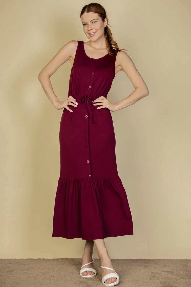 "Capella Maxi Dress: Sleeveless Chic with Button Front and Waist Tie"