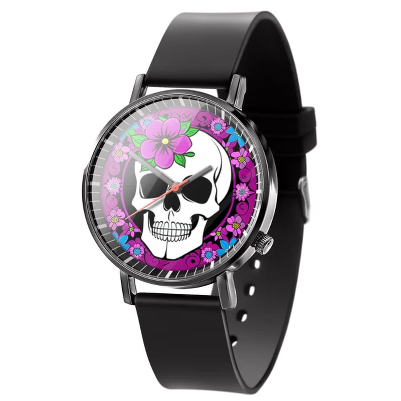 "Stylish Business Quartz Watch for Men - Trendy Black and White Floral Design with Skull Motif"