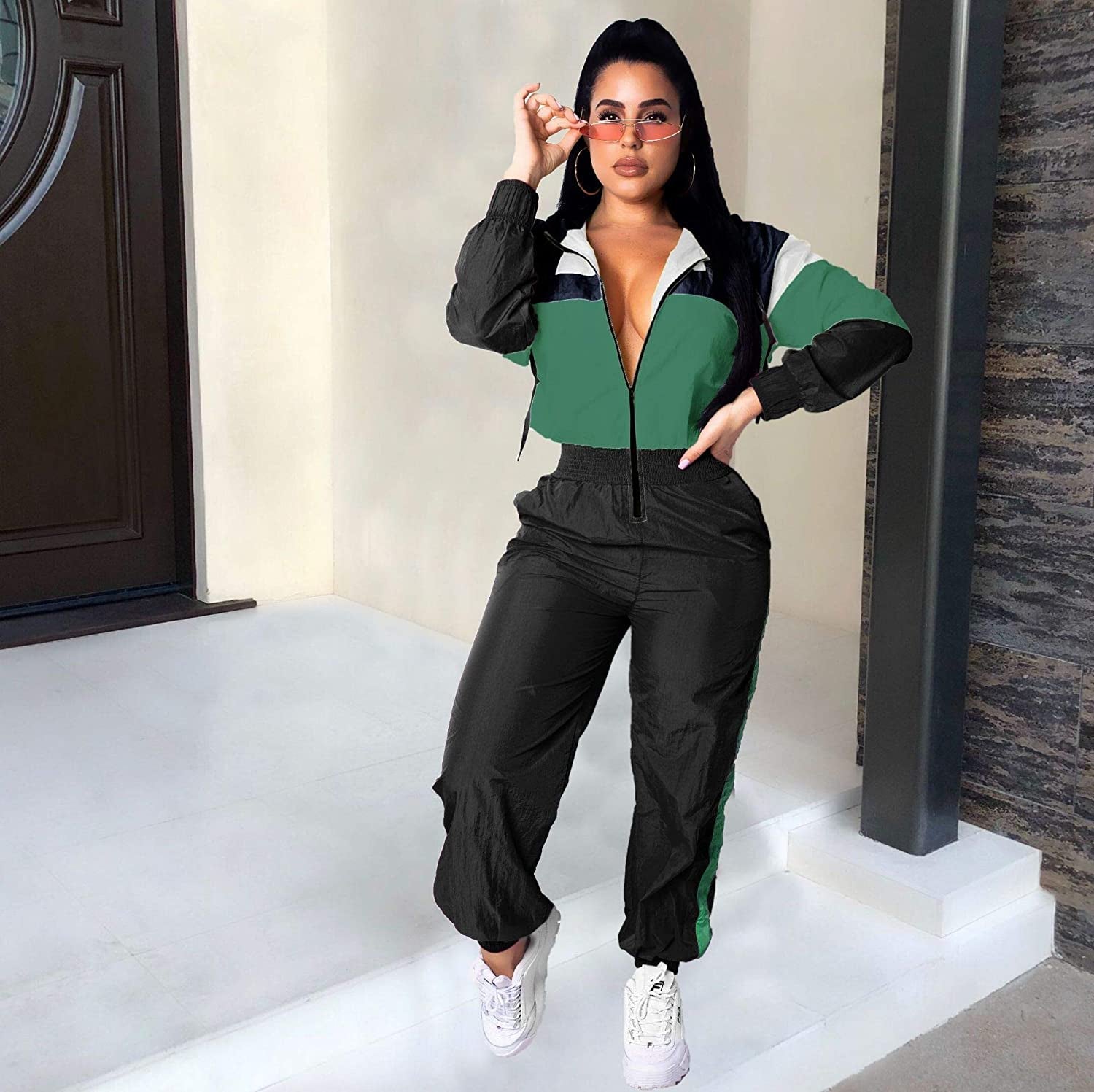 "Elegant Colorblock One Piece Outfit - Enhance your Style with this High Waist Pants Long Sleeve Jumpsuit"