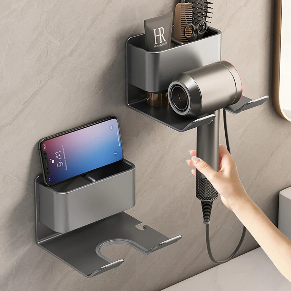 "Ultimate Hair Styling Station: Wall-Mounted Hair Dryer Holder and Organizer with Sleek Storage Box and Convenient Straightener Stand - For a Tidy and Stylish Bathroom Look"