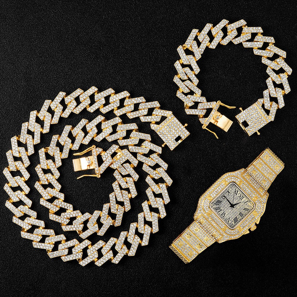 "Get Ready to Drop Some Serious Beats with the Hip Hop Bling Extravaganza: The Blindingly Shiny 20MM Necklace, Watch, and Bracelet Combo - Miami Curb Cuban Chain with Enough Rhinestones to Make Elton John Jealous!"