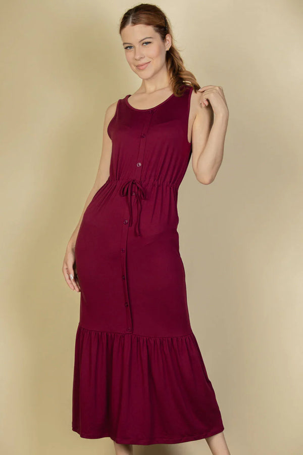 "Capella Maxi Dress: Sleeveless Chic with Button Front and Waist Tie"