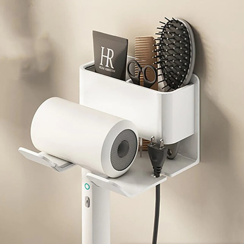 "Ultimate Hair Styling Station: Wall-Mounted Hair Dryer Holder and Organizer with Sleek Storage Box and Convenient Straightener Stand - For a Tidy and Stylish Bathroom Look"