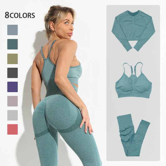 Professional Product Title: "Women's Seamless Yoga Set: High-Performance Workout Sportswear for Gym, Fitness, and Yoga - Long Sleeve Crop Top, High Waist Leggings, and Bra Sports Suits"