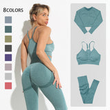 Professional Product Title: "Women's Seamless Yoga Set: High-Performance Workout Sportswear for Gym, Fitness, and Yoga - Long Sleeve Crop Top, High Waist Leggings, and Bra Sports Suits"