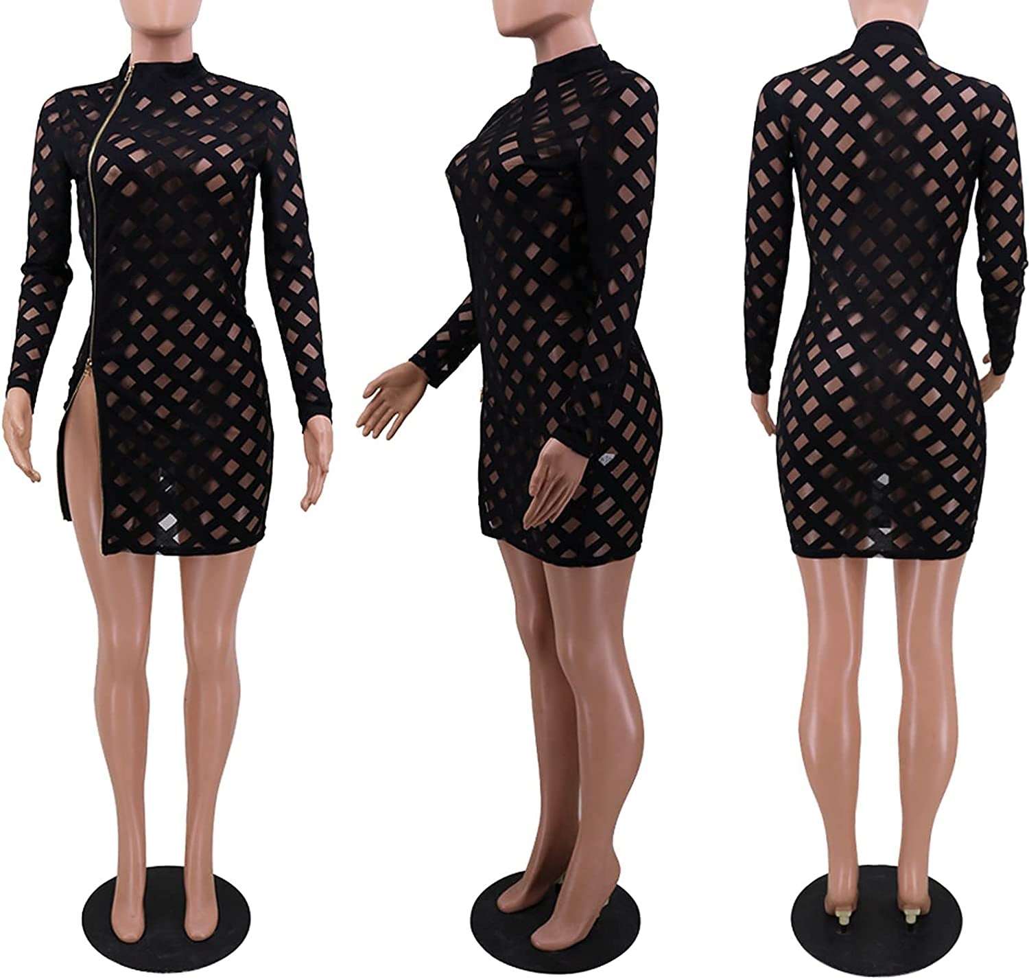 Professional title: "Women's Sheer Mesh Bodycon Midi Dress with Printed Long Sleeves for Clubwear and Parties"