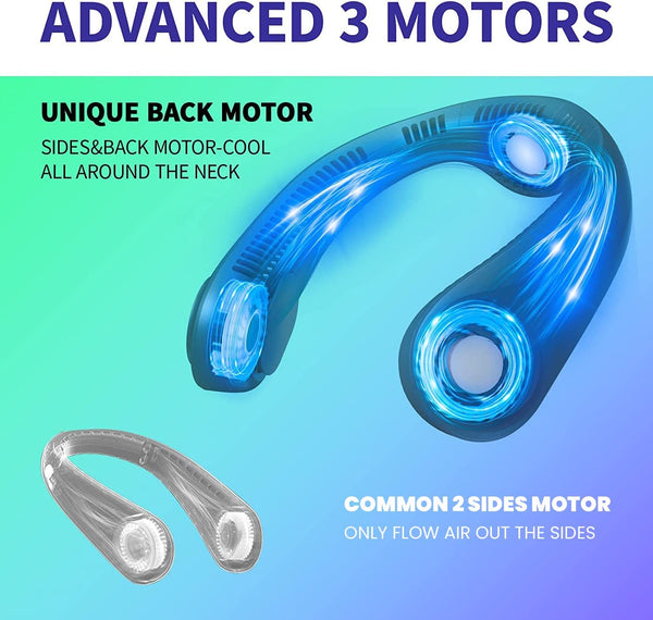 "Premium Hands-Free Portable Neck Fan with Triple Motors, High-Capacity 4000mAh Battery, USB Rechargeable, 3 Speeds, Silent Bladeless Design - Stay Cool with Sophistication during Travel!"