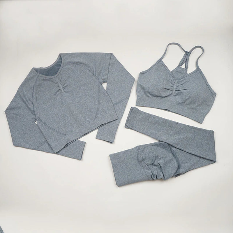 Professional Product Title: "Women's Seamless Yoga Set: High-Performance Workout Sportswear for Gym, Fitness, and Yoga - Long Sleeve Crop Top, High Waist Leggings, and Bra Sports Suits"