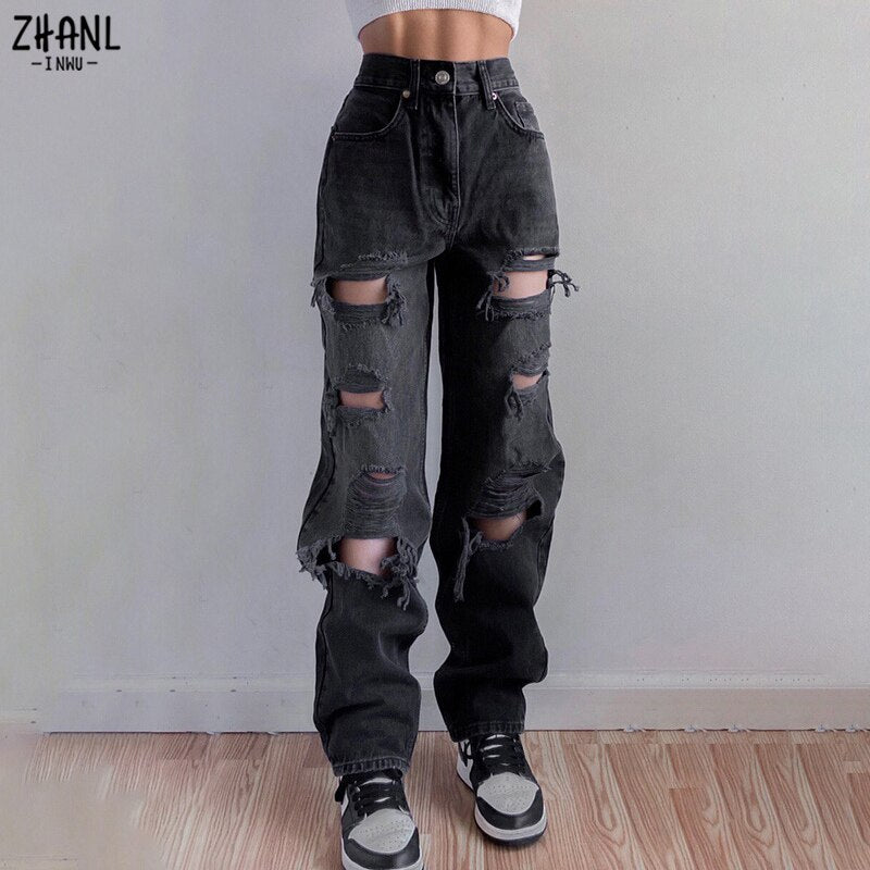 "Stylish Vintage Distressed Jeans - Trendy Ripped High Waist Denim for Fashionable Ladies"