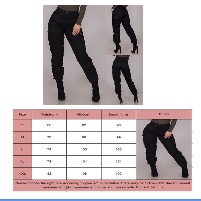 "Upgrade your style with these chic high-waisted black cargo pants featuring button pockets and a gothic twist. These solid color, long trousers are perfect for all sizes. Get yours now!"